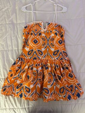Orange Patterned Mini Dress with Navy Accents